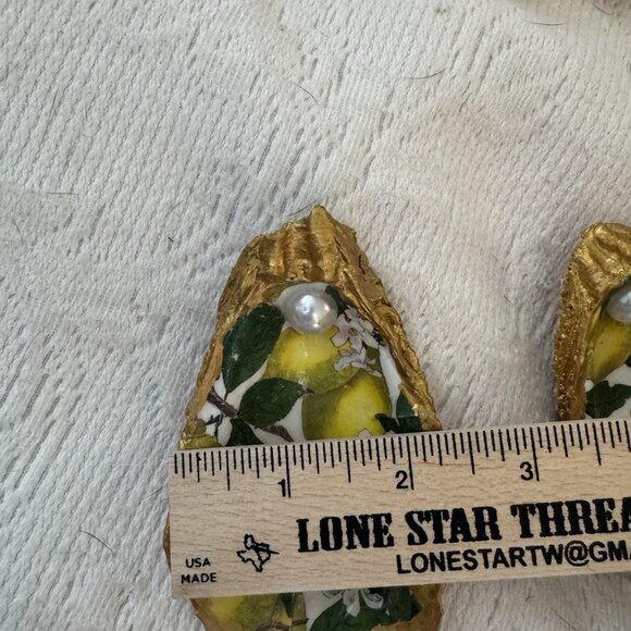 Handmade Decoupage Oyster Shell Trinket Dish Lemons, Pearl, Gold Trim - Picture 9 of 10